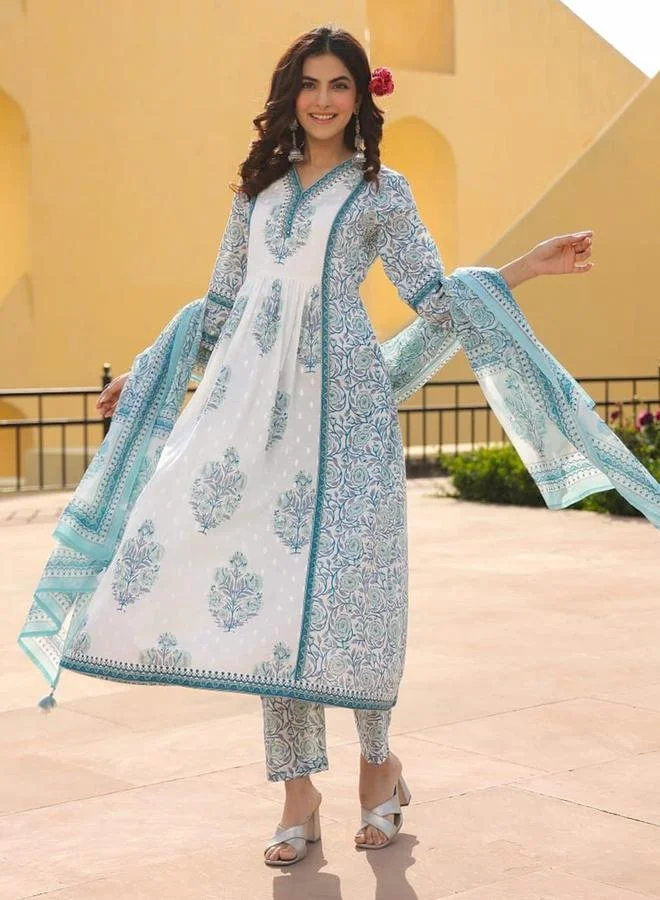 آي شين Women's White Cotton Printed Tunic Upper Calf Length Palazzo Bottom Straight Fit 3 Peice Kurta Set