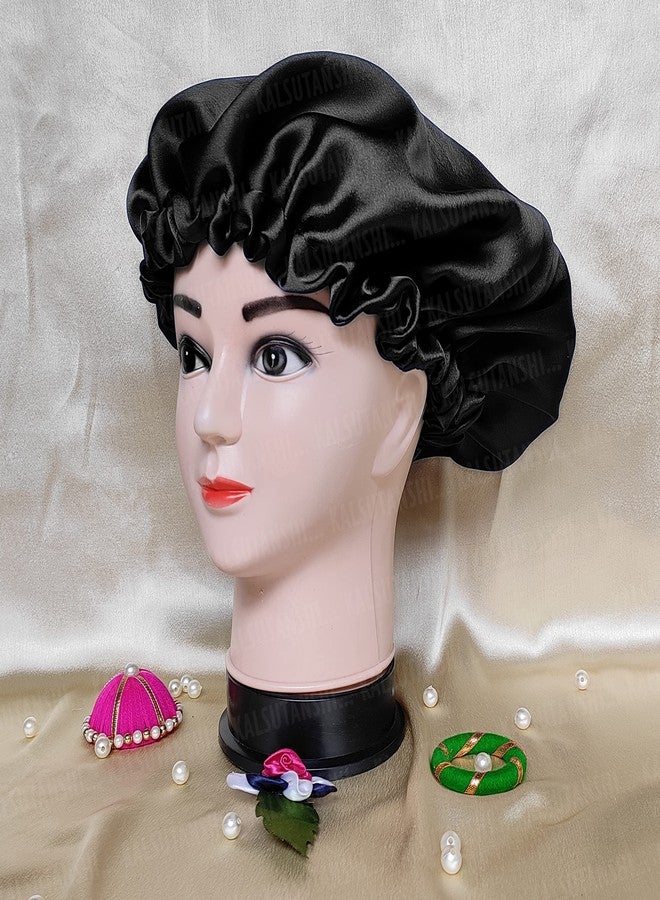 SOHAM SHREE ᵀᴹ Hair Bonnet -Handmade Pure Satin Fully Reversible Sleep Adjustable Cap for Women Girls Kids - Reversible Double Layer Large Sleep Cap (Black) - Image 3