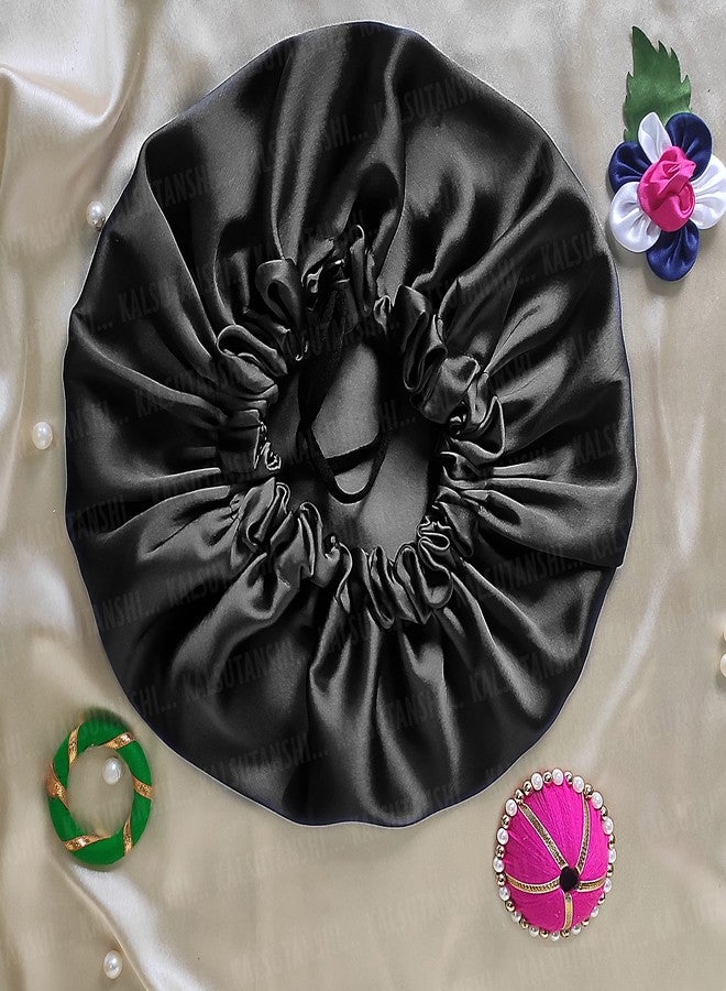 SOHAM SHREE ᵀᴹ Hair Bonnet -Handmade Pure Satin Fully Reversible Sleep Adjustable Cap for Women Girls Kids - Reversible Double Layer Large Sleep Cap (Black) - Image 4
