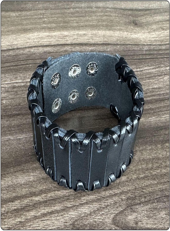 Fusamk Punk Rock Braided Wristband Wide Leather Cuff Bracelets(Black) - Image 4