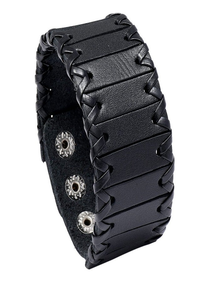 Fusamk Punk Rock Braided Wristband Wide Leather Cuff Bracelets(Black) - Image 1