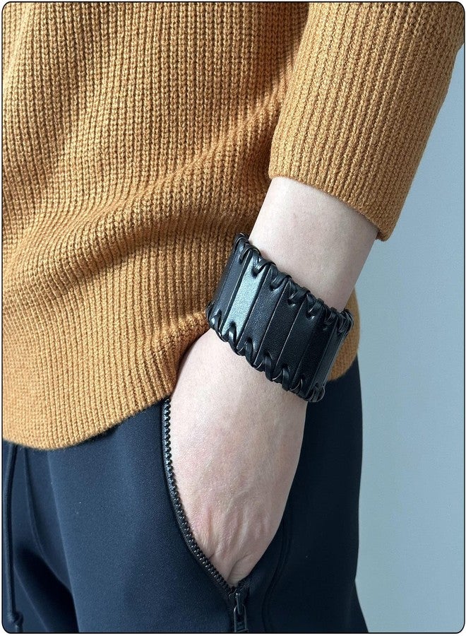 Fusamk Punk Rock Braided Wristband Wide Leather Cuff Bracelets(Black) - Image 3