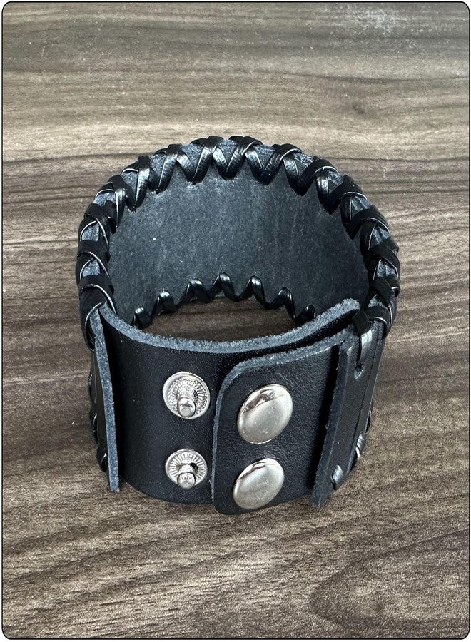Fusamk Punk Rock Braided Wristband Wide Leather Cuff Bracelets(Black) - Image 5