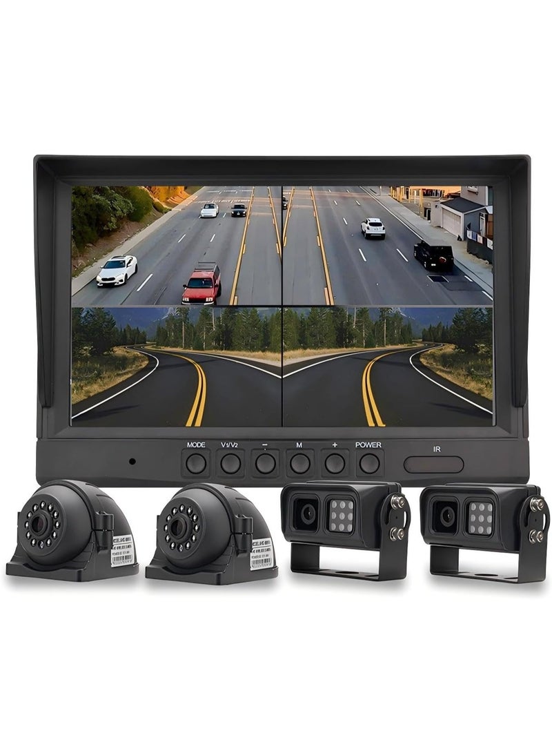 SHEZA STAR Car Backup Cameras System with 10 inch Quad Split Monitor for RV Trailer Semi Truck Camper Bus & 4 AHD 1080P Rear&Side View Cameras with DVR Record Function Night Vision IP69 Waterproof  - Image 1