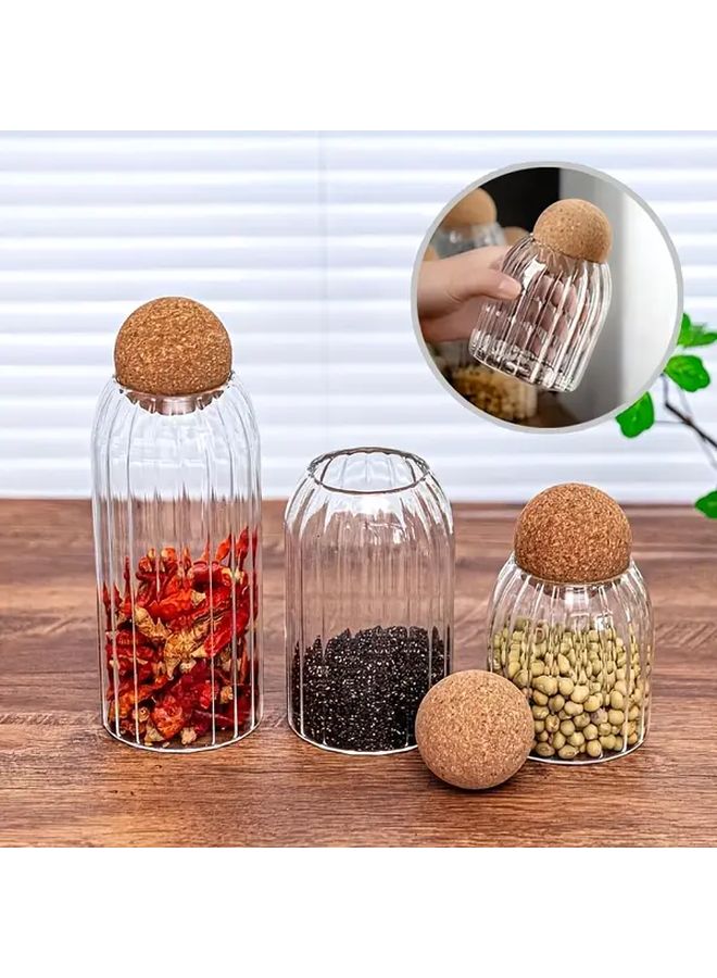 Flat 3 Pack Glass Jars With Wooden Cork Ball Lids For Coffee Tea Spices Storage - Image 1