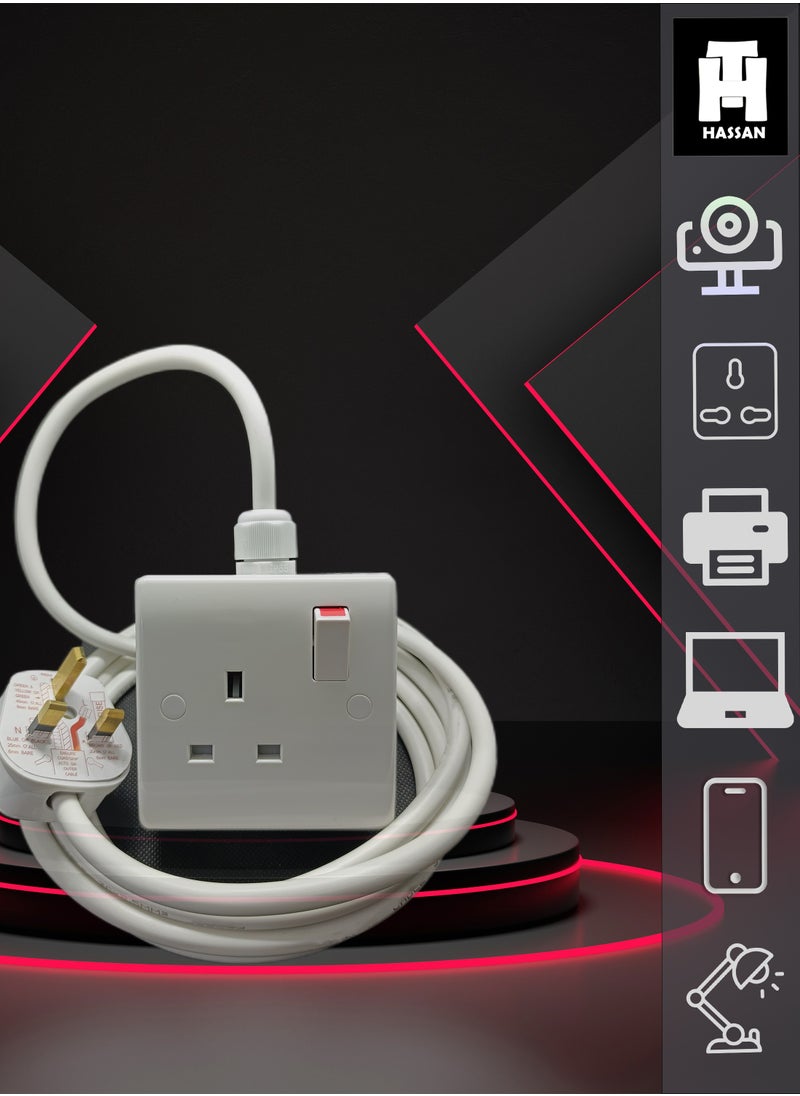 Hassan - Hassan Heavy-Duty 13A Single Socket Extension Cord, Expandable 2500W Power Cable with UK Plug – Durable and Safe Electrical Extension for Home, Office, and Kitchen Appliances - Image 1