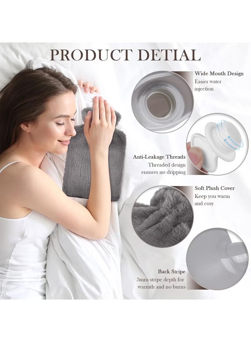 Hot Water Bottle with Soft Fleece Cover, Hot Water Bag for Cold & Hot Therapy, unisex Pain Relief, Back, Neck, Period Cramps Perfect gift for women and children(Grey) - Image 2