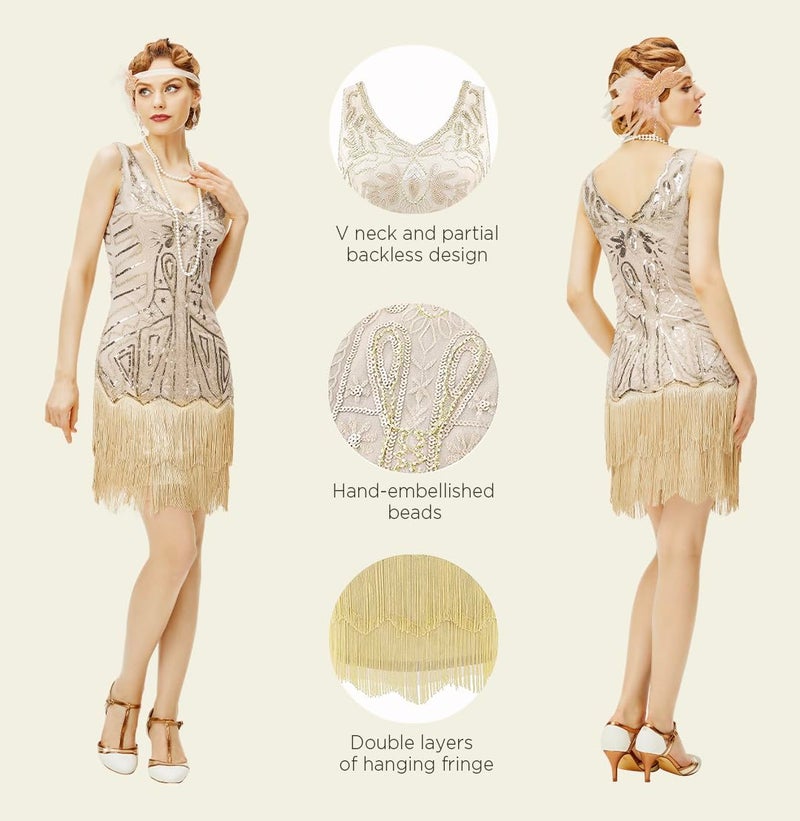 BABEYOND Womenâ€™s Flapper Dresses Set 1920s V Neck Beaded Fringed Great Gatsby Dress with Accessories Set - Image 5