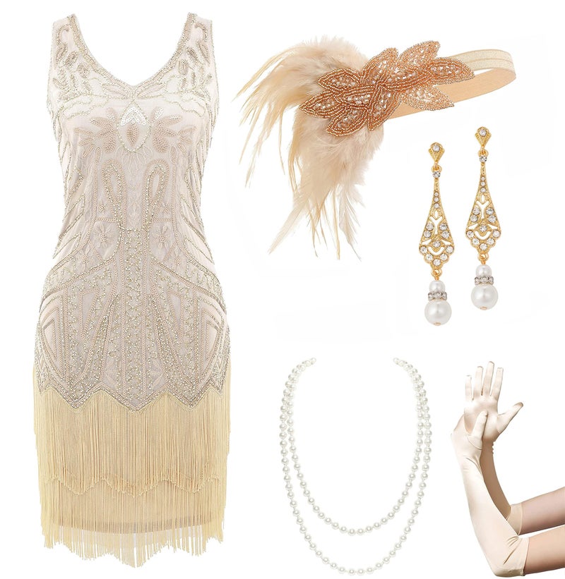 BABEYOND Womenâ€™s Flapper Dresses Set 1920s V Neck Beaded Fringed Great Gatsby Dress with Accessories Set - Image 1