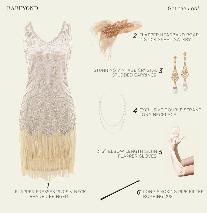 BABEYOND Womenâ€™s Flapper Dresses Set 1920s V Neck Beaded Fringed Great Gatsby Dress with Accessories Set - Image 3