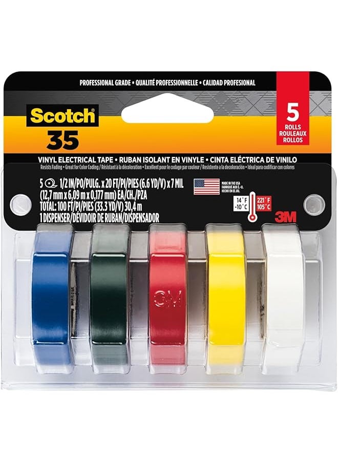 Scotch  Scotch Vinyl 35 Electrical Tape, 5 Rolls, Multi-Color Pack, Ideal For Cable Jacket Repair & Electrical Insulation, Premium Vinyl Material For Durability, Indoor & Outdoor Use, High Adhesion (10457DC) 