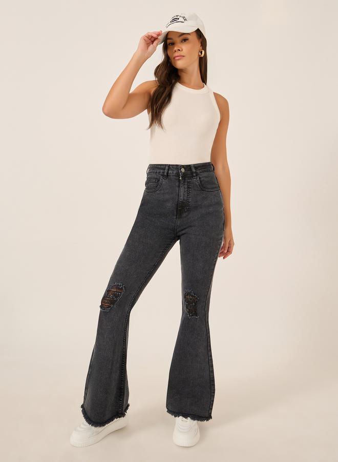 Styli High Rise Distressed Bootcut Pants with Frayed Hem  - Image 1