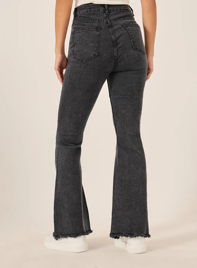 Styli High Rise Distressed Bootcut Pants with Frayed Hem