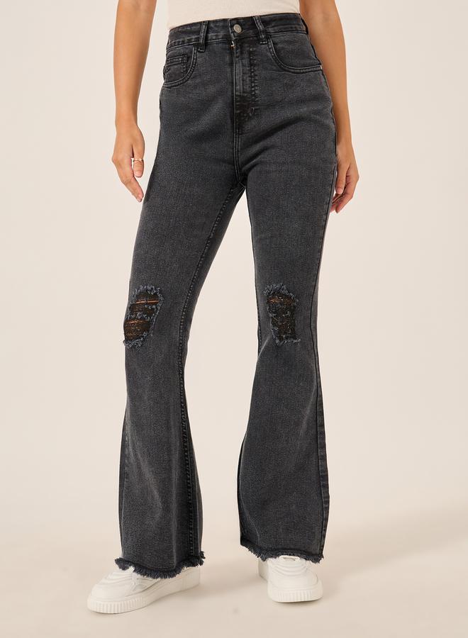 Styli High Rise Distressed Bootcut Pants with Frayed Hem  - Image 2