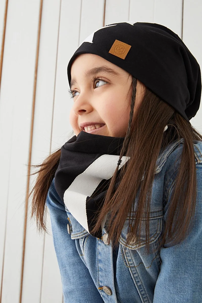 Babygiz Black and White Fanatic Beanie Neck Collar Set Soft Double Layer Sports 100% Natural Cotton Combed Cotton