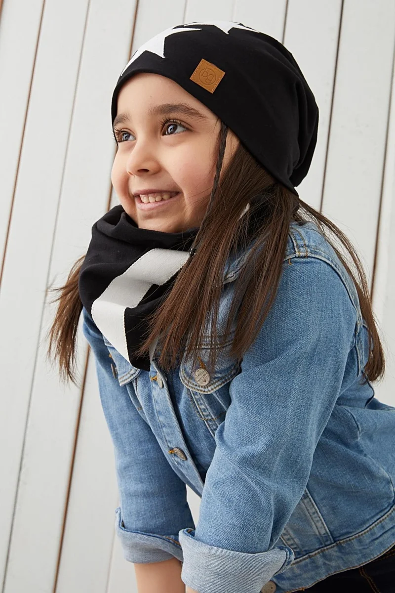 Babygiz Black and White Fanatic Beanie Neck Collar Set Soft Double Layer Sports 100% Natural Cotton Combed Cotton