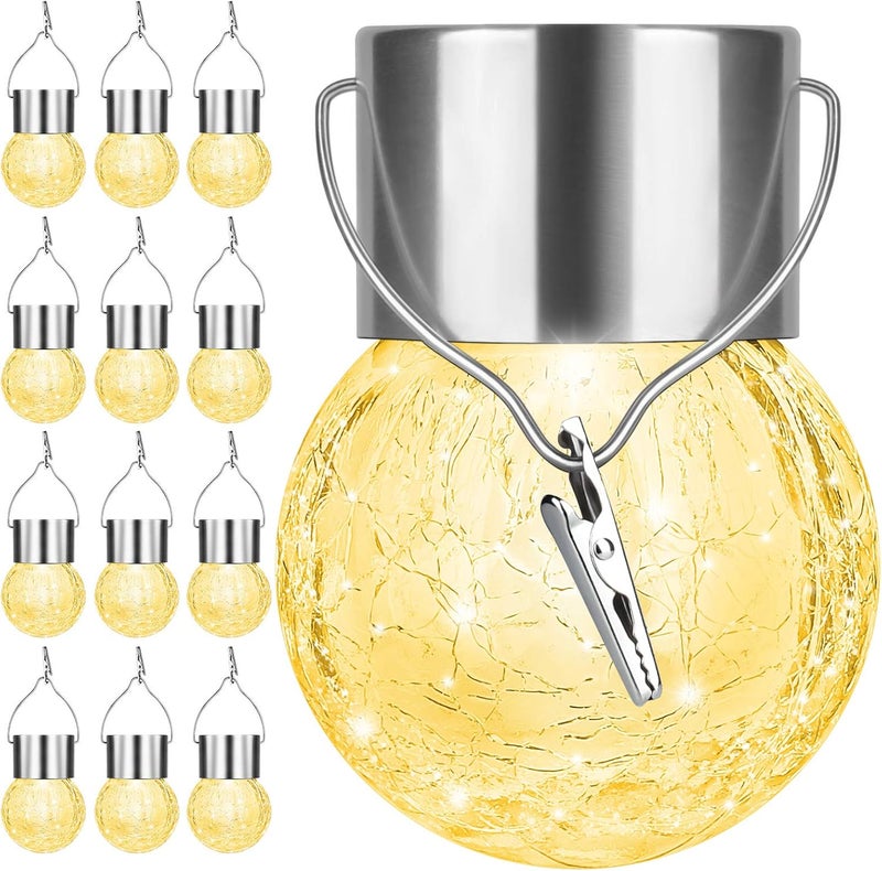 Bosceos 12Pack Hanging Outdoor Solar Lights - Decorative Cracked Glass LED Ball Lights Waterproof Tree Solar Powered Globe Lights with Handle for Garden Yard Patio Fence Christmas Decoration, Warm White - Image 1
