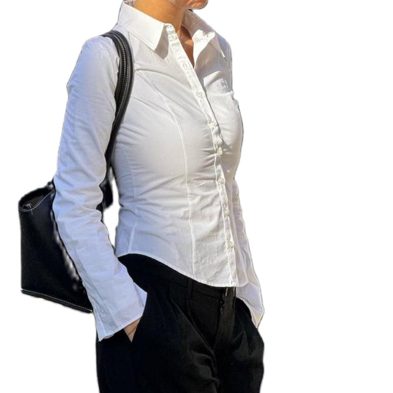 Women Y2k Button Up Shirt Long Sleeve Lapel Collar V Neck Slim Fitted Blouse Preppy Coquette Going Out Tops (M-White, S)
