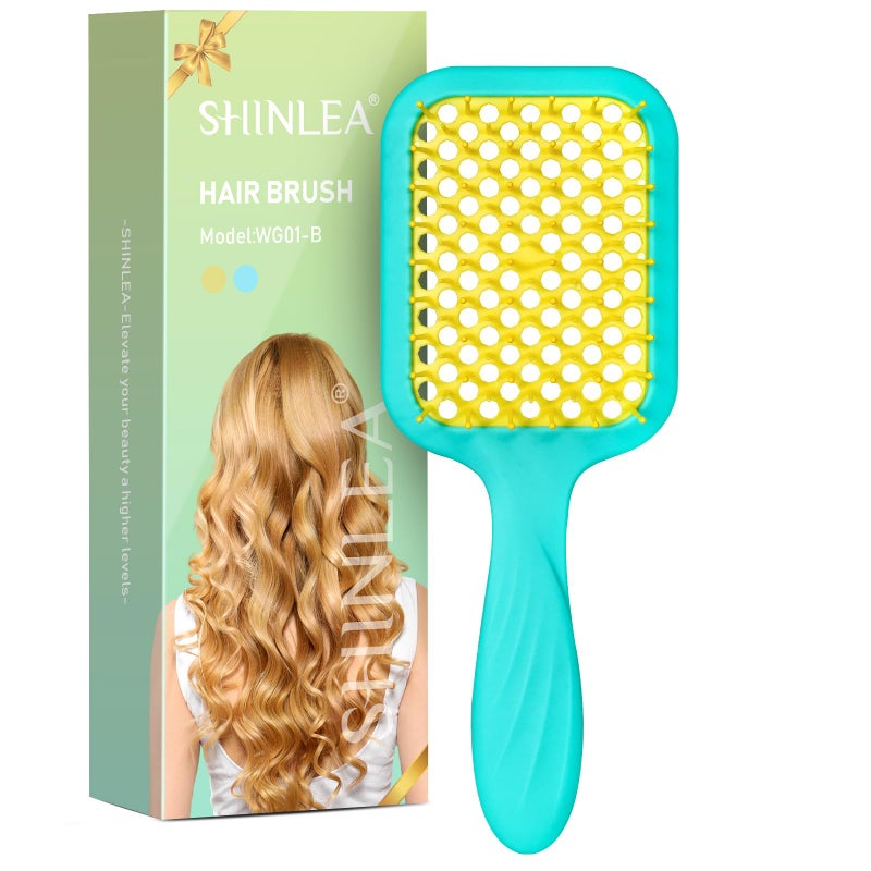 SHINLEA Curly Hair Detangling Brush with Soft Wave Bristles Women Hairbrush for Thick Hair Swimming and Beach Yellow Blue