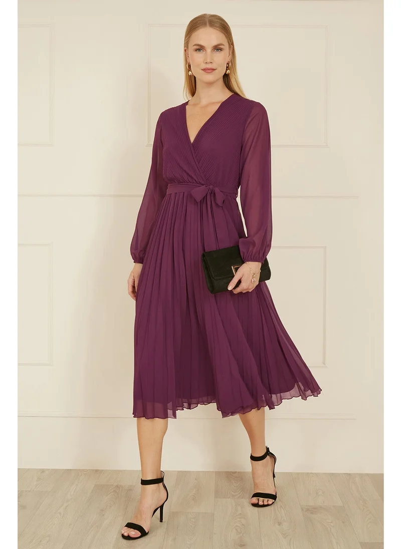 Yumi Pleated Wrap Midi Dress With Sheer Long Sleeves