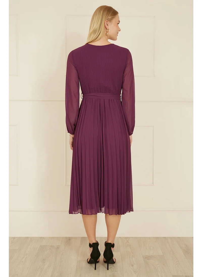 Yumi Pleated Wrap Midi Dress With Sheer Long Sleeves