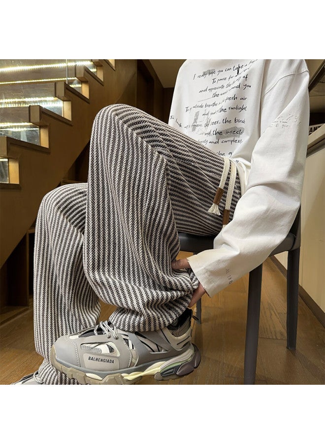 Swamp Area Black And White Striped Men's Pants Autumn Winter Trendy American Casual Loose Fit Wide Leg Pants Ks241 Coffee Color L - Image 1