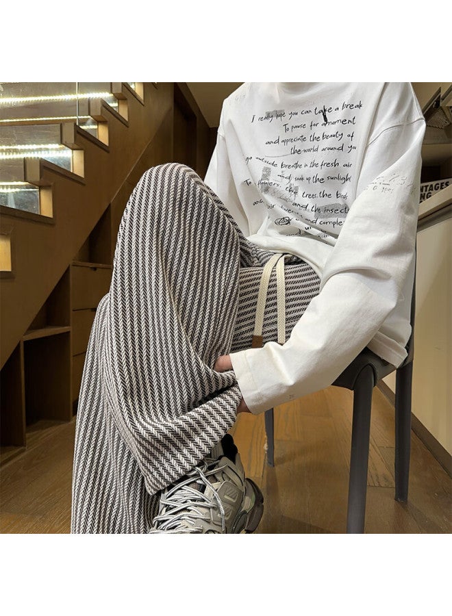 Swamp Area Black And White Striped Men's Pants Autumn Winter Trendy American Casual Loose Fit Wide Leg Pants Ks241 Coffee Color L - Image 5