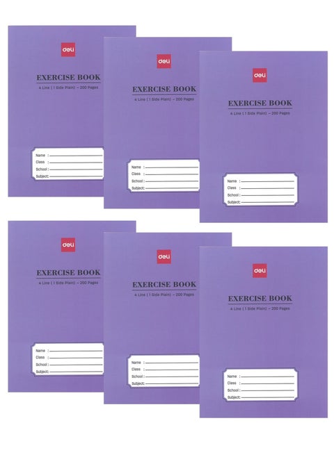 6-Piece Four Line With One Side Plain Notebook A5 Size 200 Pages