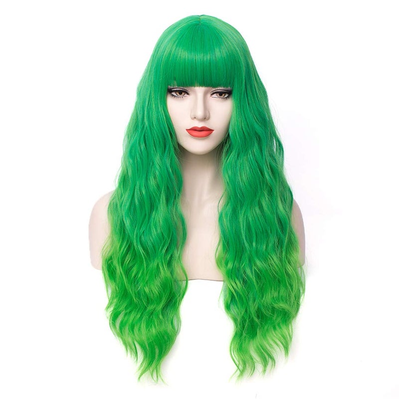 PATTNIUM Green Wig Long Curly Wig with Bangs Lime Green Wigs for Women Girls Synthetic Heat Resistant Halloween Cosplay Wigs - Image 2