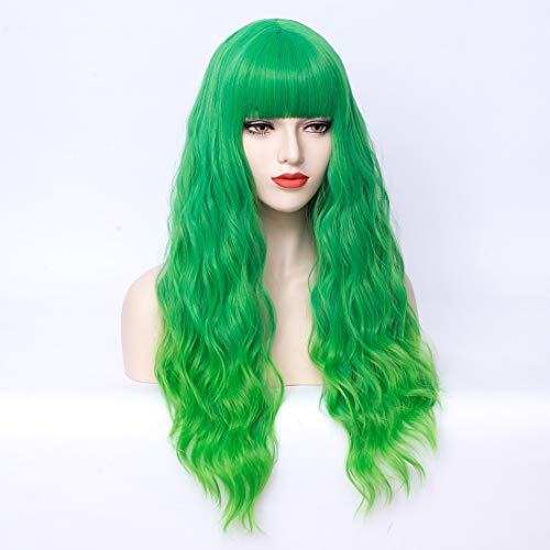 PATTNIUM Green Wig Long Curly Wig with Bangs Lime Green Wigs for Women Girls Synthetic Heat Resistant Halloween Cosplay Wigs - Image 3
