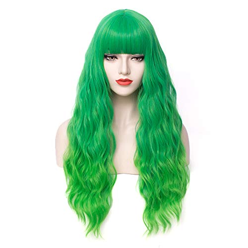 PATTNIUM Green Wig Long Curly Wig with Bangs Lime Green Wigs for Women Girls Synthetic Heat Resistant Halloween Cosplay Wigs - Image 1