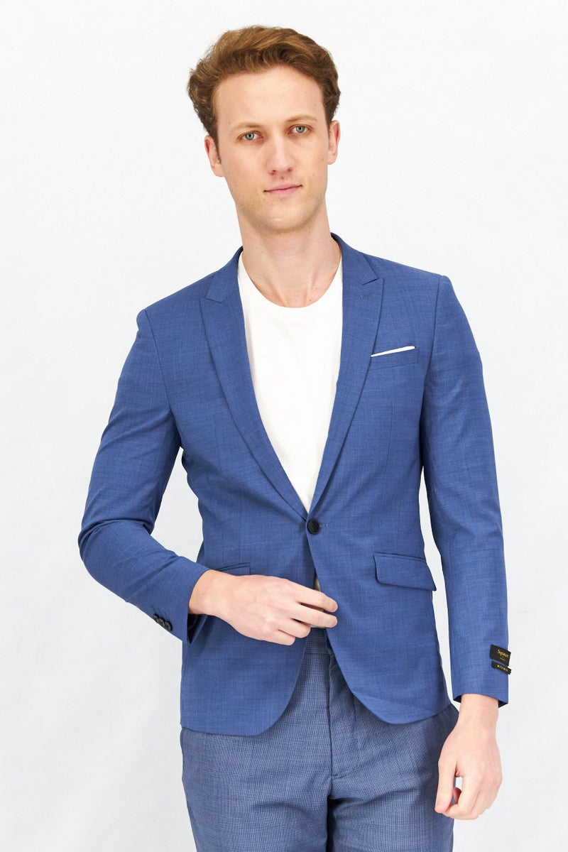 SELECTED Men Slim Fit Textured Semi Formal Blazer, Blue Granite - Image 1