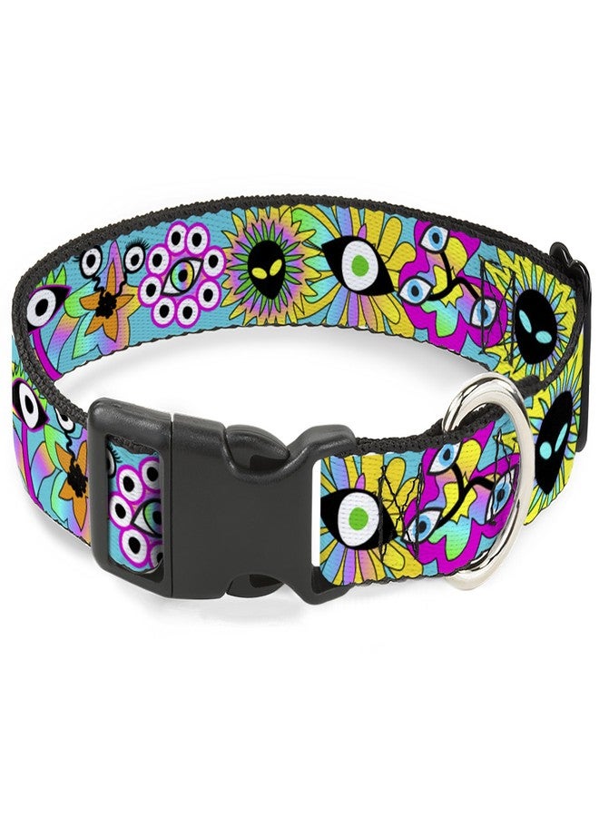 Buckle Down Buckle-Down Pet Collar, Dog Collar Plastic Buckle, Funky Alien Flowers Aqua Blue Multi Color, 11 to 16.5 Inches 1.0 Inch Wide - Image 1