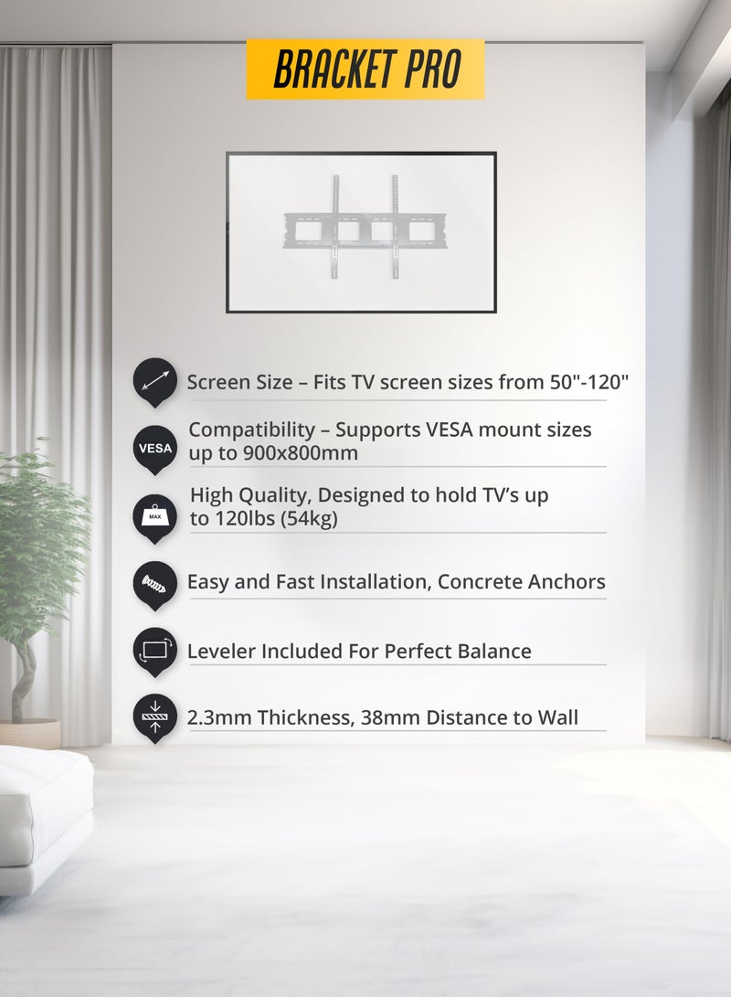 BRACKET PRO حامل ثابت 50"-120" يناسب VESA 900x800mm، سمك 2.3mm - حامل حائط تلفزيون شديد التحمل للشاشات الكبيرة BPF50120 أسود - Image 2