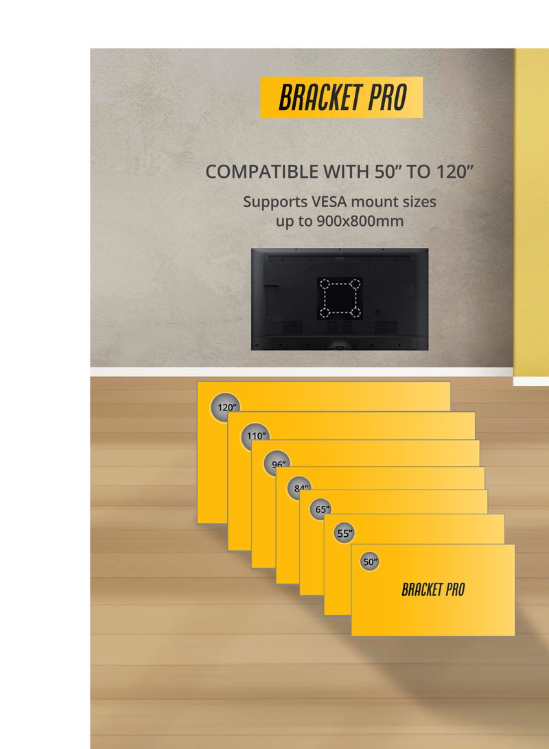 BRACKET PRO حامل ثابت 50"-120" يناسب VESA 900x800mm، سمك 2.3mm - حامل حائط تلفزيون شديد التحمل للشاشات الكبيرة BPF50120 أسود - Image 4