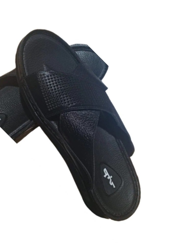Hand Made Men's leather slippers made from natural leather; handcrafted men's sandals with a leather insole and orthopedic sole, ideal for those who suffer from heel pain. Available in BLACK  - Image 3