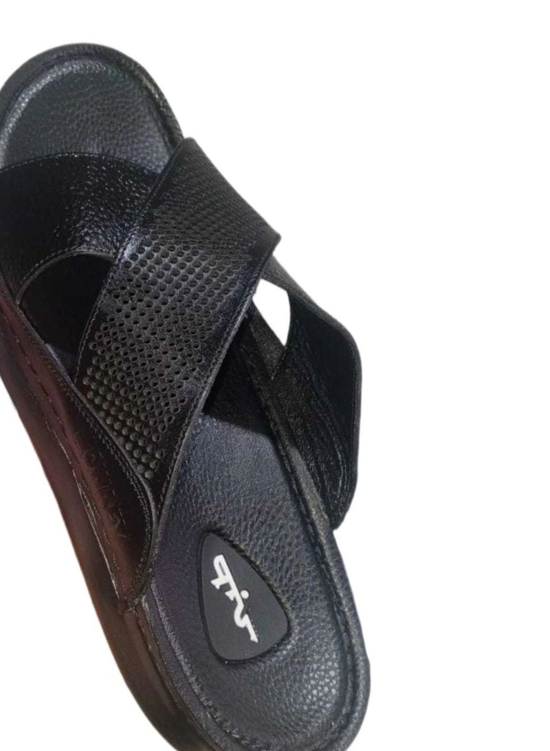 Hand Made Men's leather slippers made from natural leather; handcrafted men's sandals with a leather insole and orthopedic sole, ideal for those who suffer from heel pain. Available in BLACK  - Image 1
