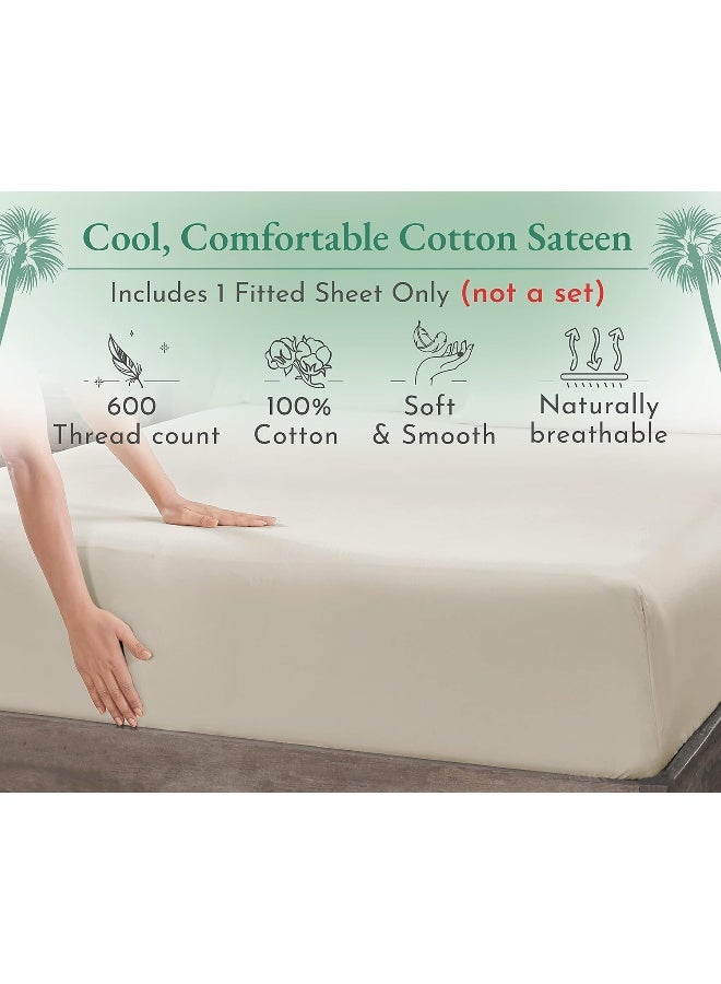 California Design Den California Design Den Luxuriously Soft King Fitted Sheet, 600 Sateen, 100% Cotton No-Pop Elastic for Snug Fit, Deep Pocket Bottom Sheet - Foot Side Indicator (Ivory) - Image 4