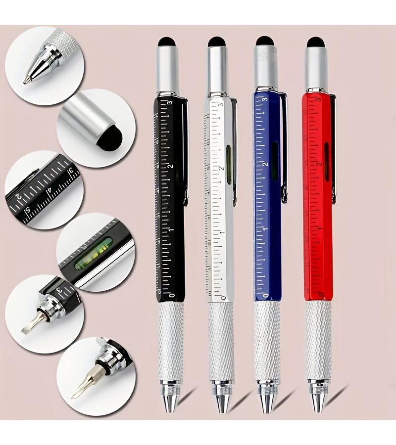 6 In 1 Multifunctional Pen With Precision Screwdriver Set Red 2pc Ballpoint Ruler Stylus Level Screwdriver Fountain Pen Household Repair Tool Electronic Device Maintenance Christmas Gift - Image 3