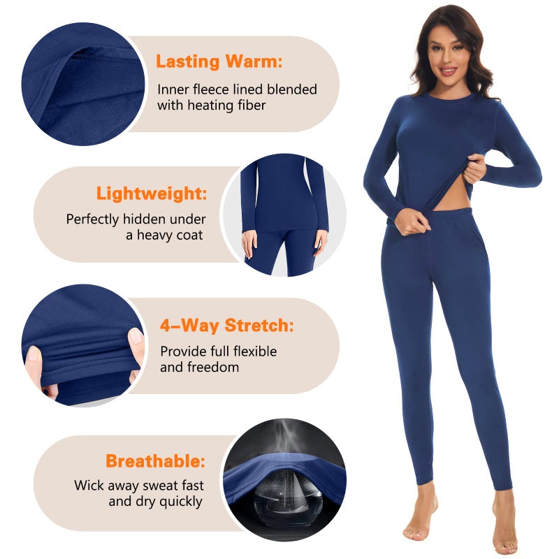 SIMIYA Thermal Underwear Set for Women Long Johns with Fleece Lined Long Sleeves Base Layer Set Top Bottom Blue - Image 3