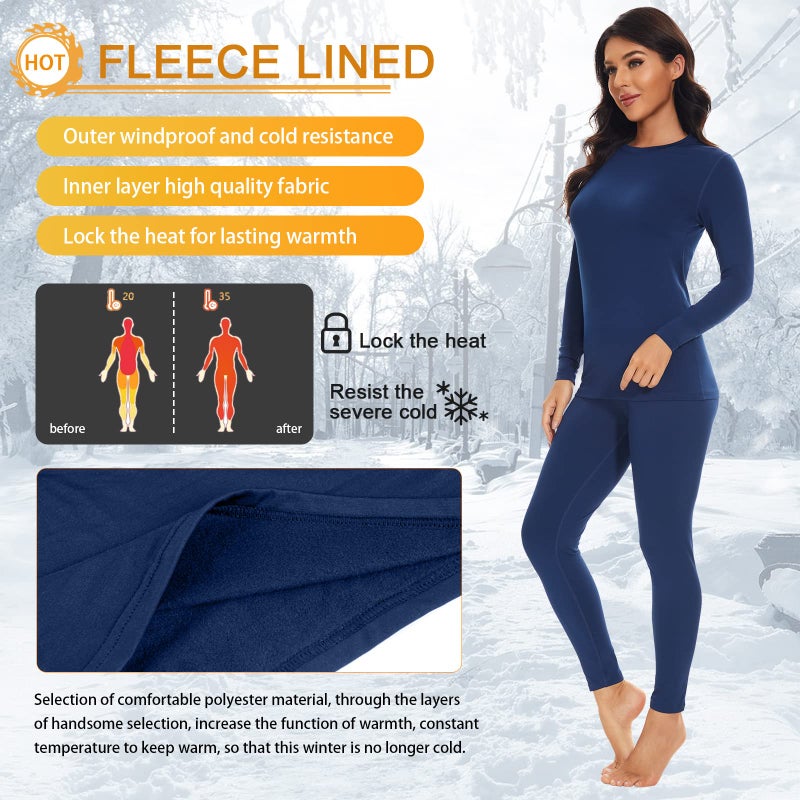 SIMIYA Thermal Underwear Set for Women Long Johns with Fleece Lined Long Sleeves Base Layer Set Top Bottom Blue - Image 4