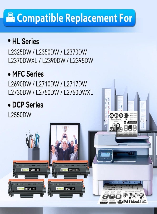 ZIPRINT TN760 Toner Cartridges Compatible Replacement for Brother TN760 TN-730 TN730 for MFC-L2710DW MFC-L2750DW DCP-L2550DW HL-L2350DW HL-L2395DW HL-L2370DW (Black, 4 Pack) - Image 2
