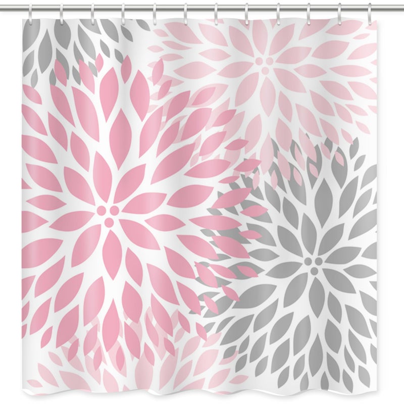 ArtSocket Shower Curtain Pale Pink Gray White Dahlias Odorless Home Bathroom Decor Polyester Fabric Waterproof 72 x 72 Inches Set with Hooks