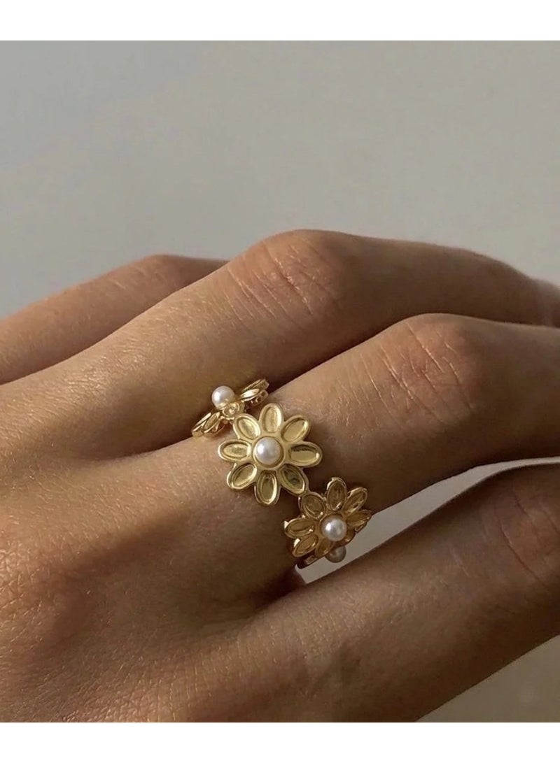 Urban Jewel Dainty Flower Pearl Ring (Stainless Steel) - Image 1
