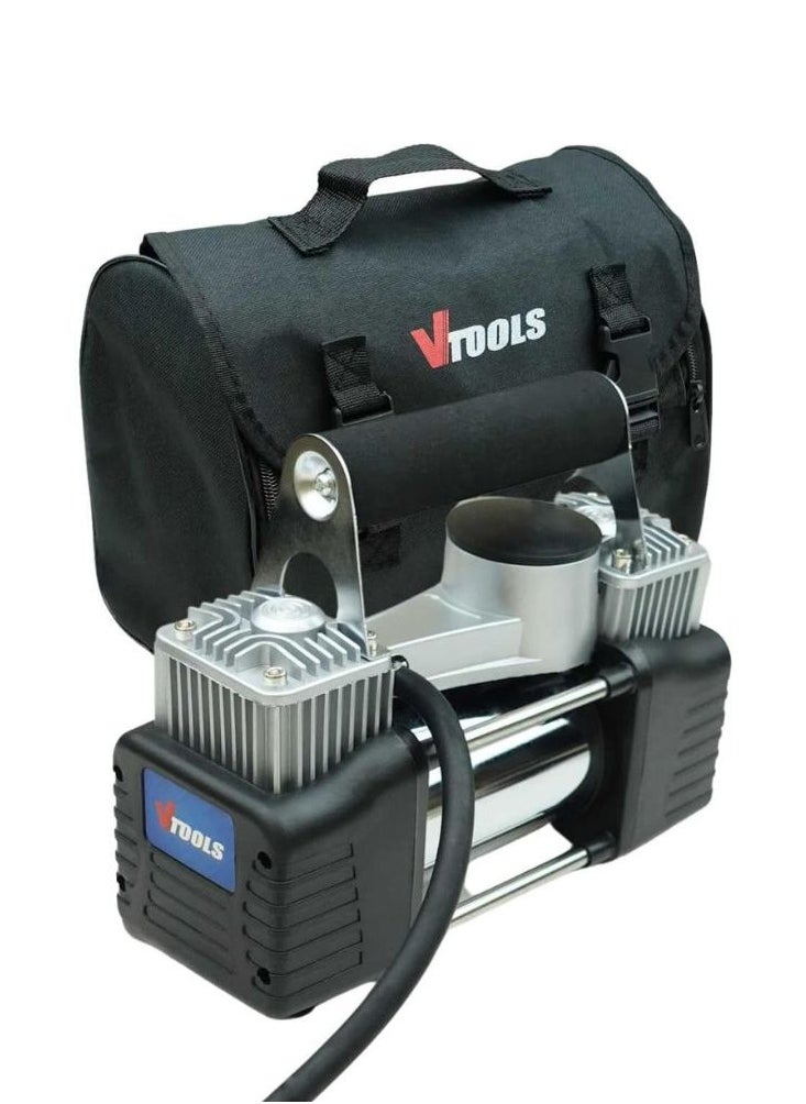 VTOOLS Heavy Duty Tire Inflator With Double Cylinders 12V 150 PSI Portable Air Compressor with Adapter for Car Truck SUV Tires 3 Nozzles  - Image 1