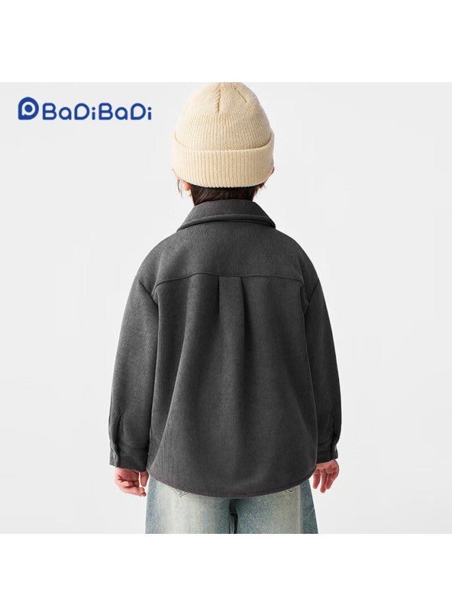 Badibadi Autumn Winter New Baby Boys Corduroy Shirt Casual Versatile Jacket Dark Gray Letter Dinosaur 140 - Image 1