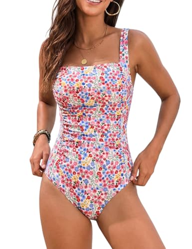 YIMISAN Women's One Piece Swimsuit Square Neck Sporty Ruched Slimming Monokini High Cut Tummy Control Bathing Suit - Image 1