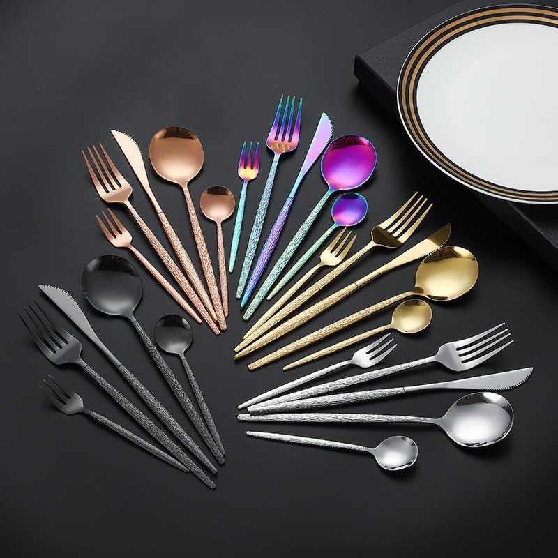 Silverware Set, 5/20/30/40/50/60-Piece Portuguese-Style Stainless Steel Cutlery Set – Hammered Spoons u0026 Forks with Tree Handles, Gift Box(Gold,60 Piece set for 12) - Image 3