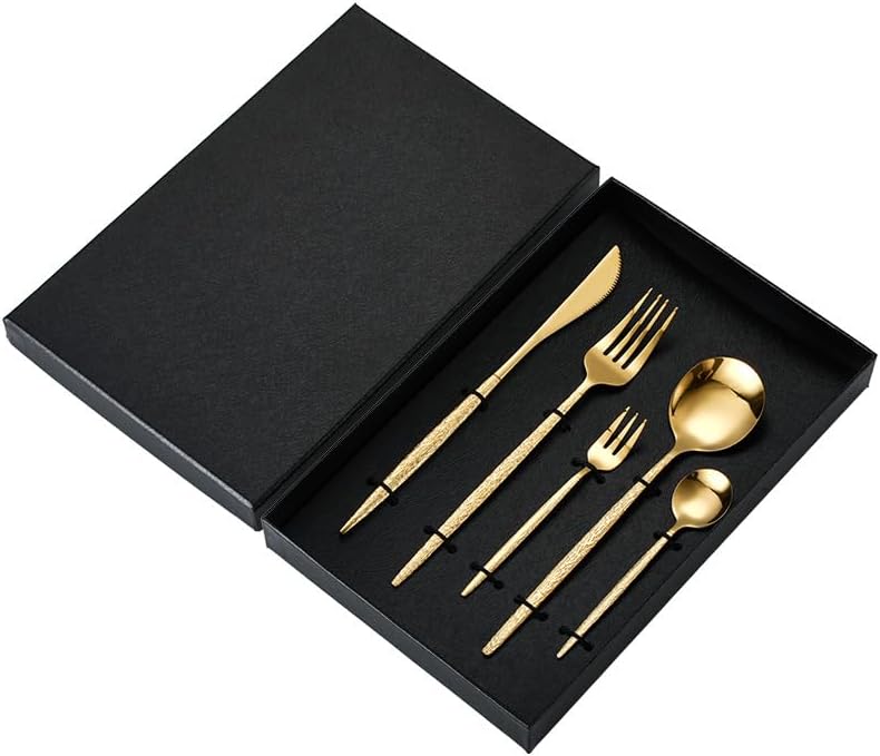 Silverware Set, 5/20/30/40/50/60-Piece Portuguese-Style Stainless Steel Cutlery Set – Hammered Spoons u0026 Forks with Tree Handles, Gift Box(Gold,60 Piece set for 12) - Image 1