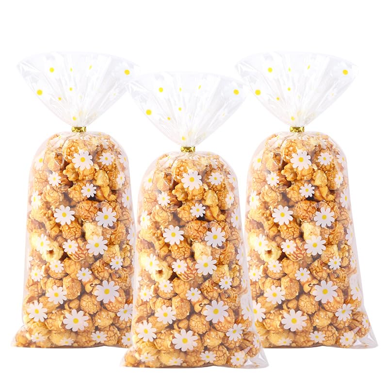 CPTBAG Spring Daisy Treat Bags 100pcs Groovy White Daisy Flower Party Cellophane Plastic Gift Goodie Cookies Candy Bags with Twist Ties Clear for Wedding Birthday Spring Hippie Daisy Flower Party Supplies - Image 4
